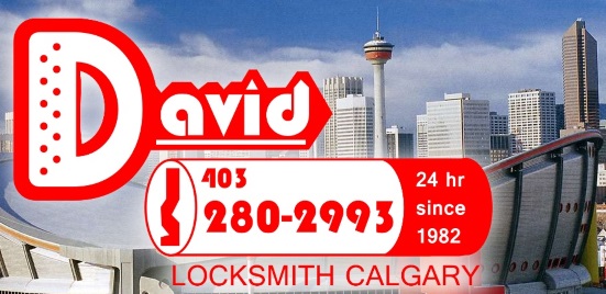 The banner across the top of davidlocksmith.ca as it stands: the red David key logo over the Calgary skyline, the phone number, and 24 hr since 1982